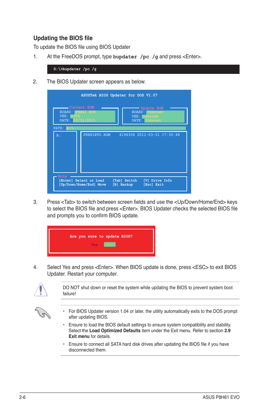 Updating the bios file | Asus P8H61 EVO User Manual | Page 50 / 76