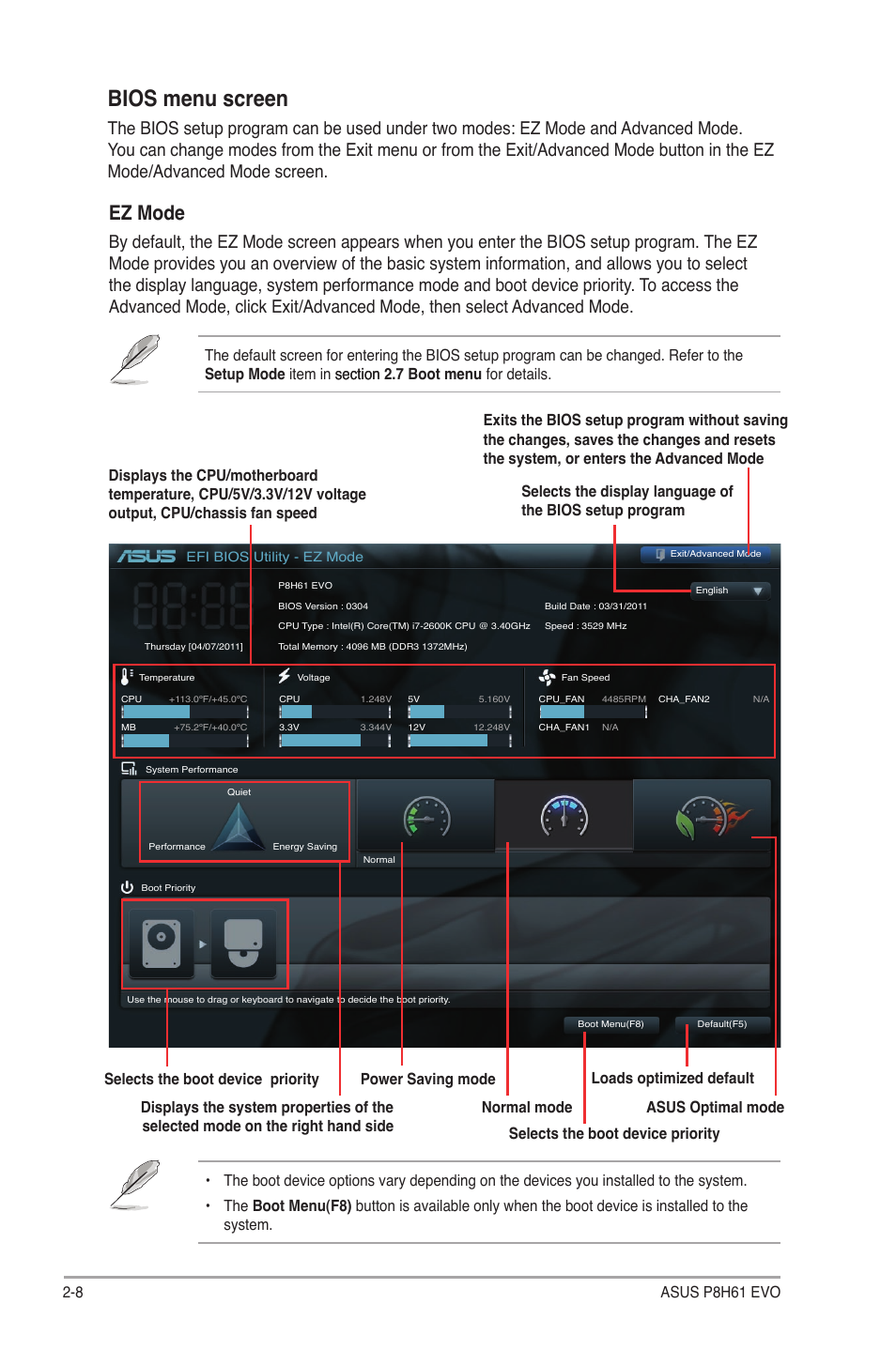 Bios menu screen, Ez mode, 8 asus p8h61 evo | Asus P8H61 EVO User Manual | Page 52 / 76