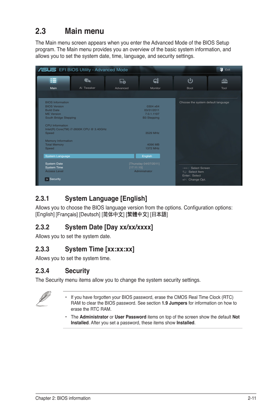 3 main menu, 1 system language [english, 2 system date [day xx/xx/xxxx | 3 system time [xx:xx:xx, 4 security, Main menu -11 2.3.1, System language -11, System date -11, System time -11, Security -11 | Asus P8H61 EVO User Manual | Page 55 / 76