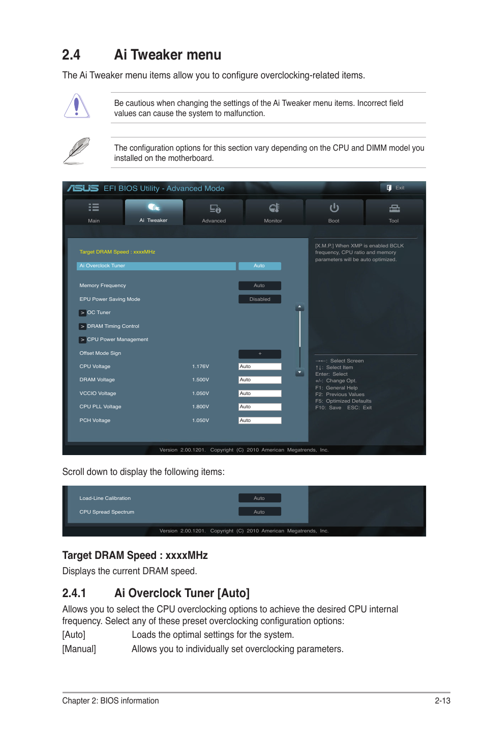 4 ai tweaker menu, 1 ai overclock tuner [auto, Ai tweaker menu -13 2.4.1 | Ai overclock tuner -13, Displays the current dram speed, Scroll down to display the following items, Chapter 2: bios information 2-13 | Asus P8H61 EVO User Manual | Page 57 / 76