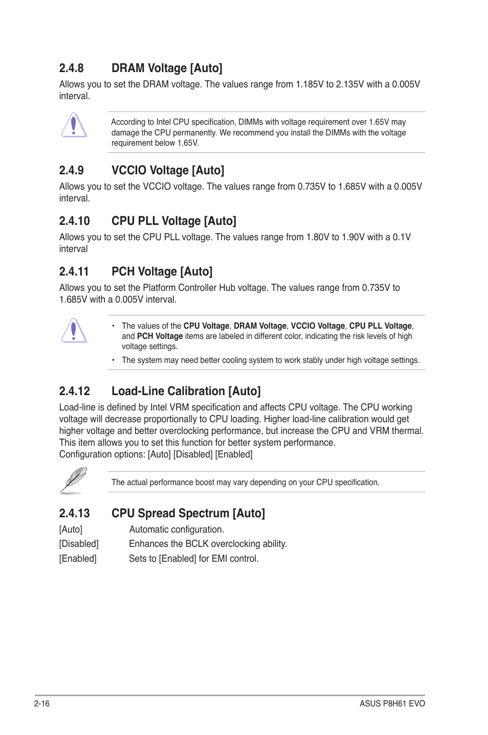 8 dram voltage [auto, 9 vccio voltage [auto, 10 cpu pll voltage [auto | 11 pch voltage [auto, 12 load-line calibration [auto, 13 cpu spread spectrum [auto, Dram voltage -16, Vccio voltage -16 | Asus P8H61 EVO User Manual | Page 60 / 76