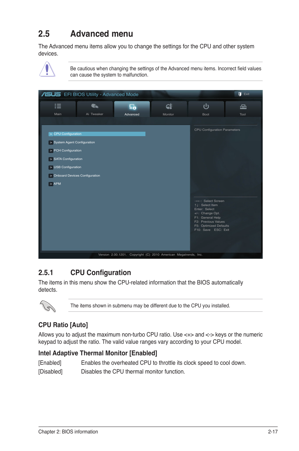 5 advanced menu, 1 cpu configuration, Advanced menu -17 2.5.1 | Cpu configuration -17, Cpu ratio [auto, Intel adaptive thermal monitor [enabled | Asus P8H61 EVO User Manual | Page 61 / 76