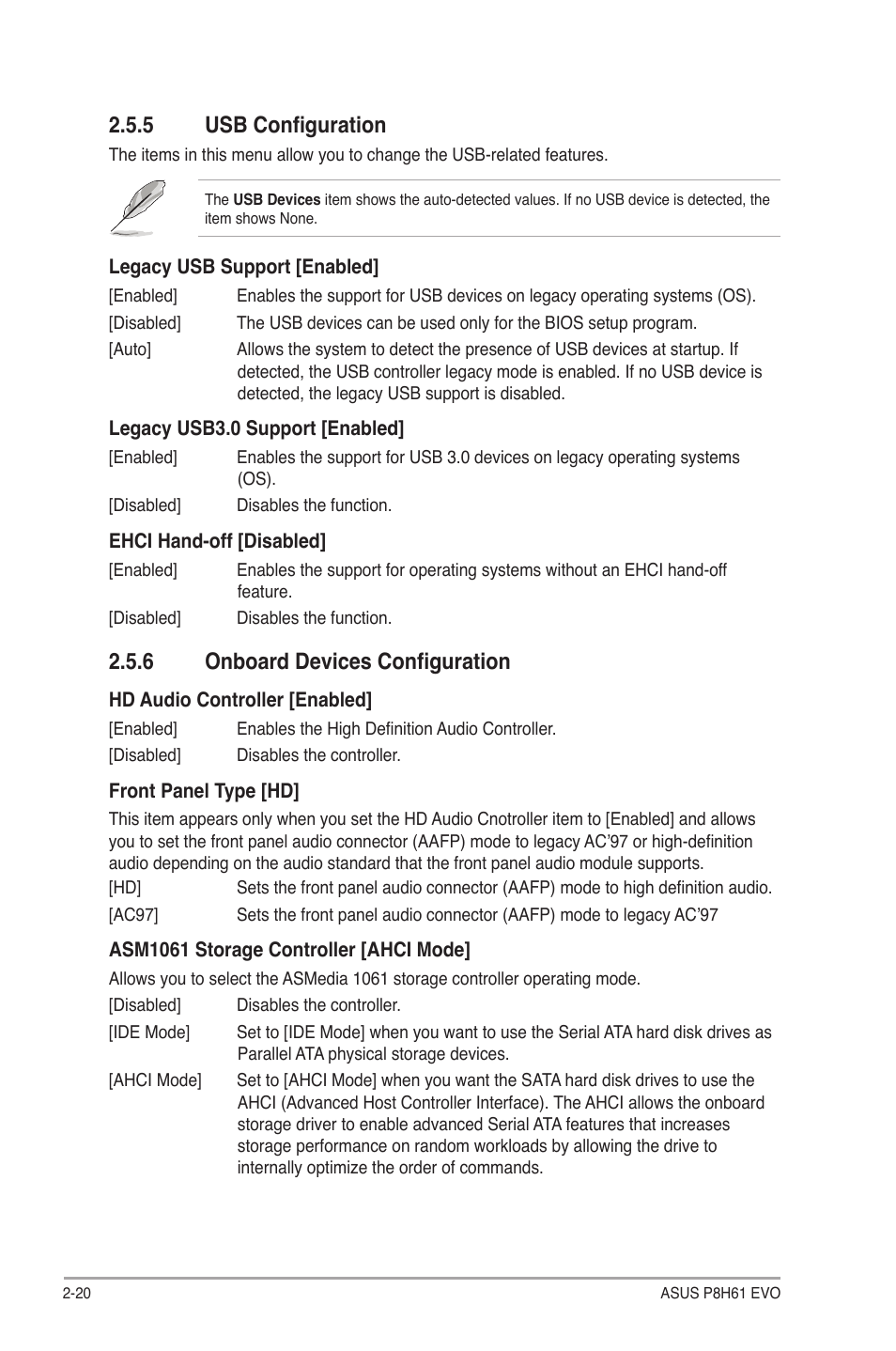 5 usb configuration, 6 onboard devices configuration, Usb configuration -20 | Onboard devices configuration -20 | Asus P8H61 EVO User Manual | Page 64 / 76