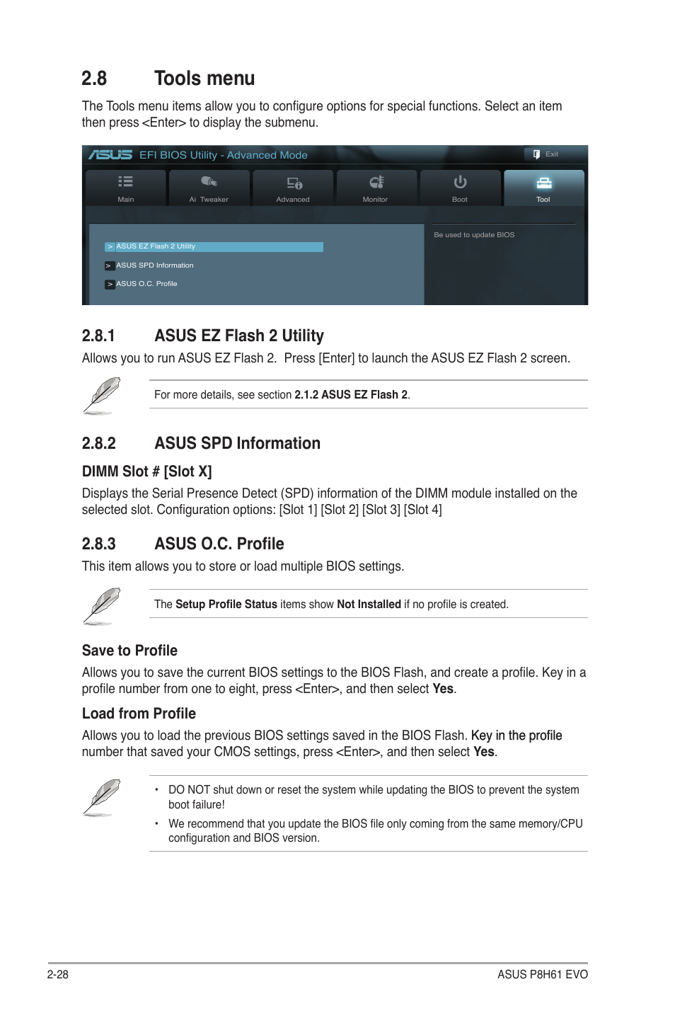 8 tools menu, 1 asus ez flash 2 utility, 2 asus spd information | 3 asus o.c. profile, Tools menu -28 2.8.1, Asus ez flash 2 utility -28, Asus spd information -28, Asus o.c. profile -28, Save to profile, Load from profile | Asus P8H61 EVO User Manual | Page 72 / 76