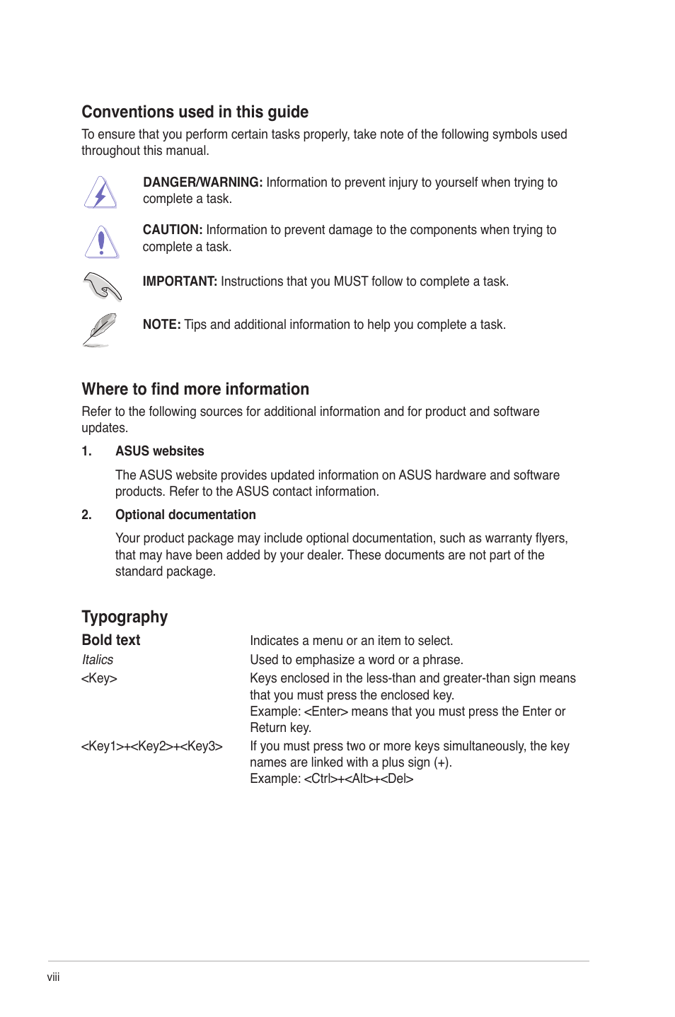 Conventions used in this guide, Where to find more information, Typography | Asus P8H61 EVO User Manual | Page 8 / 76