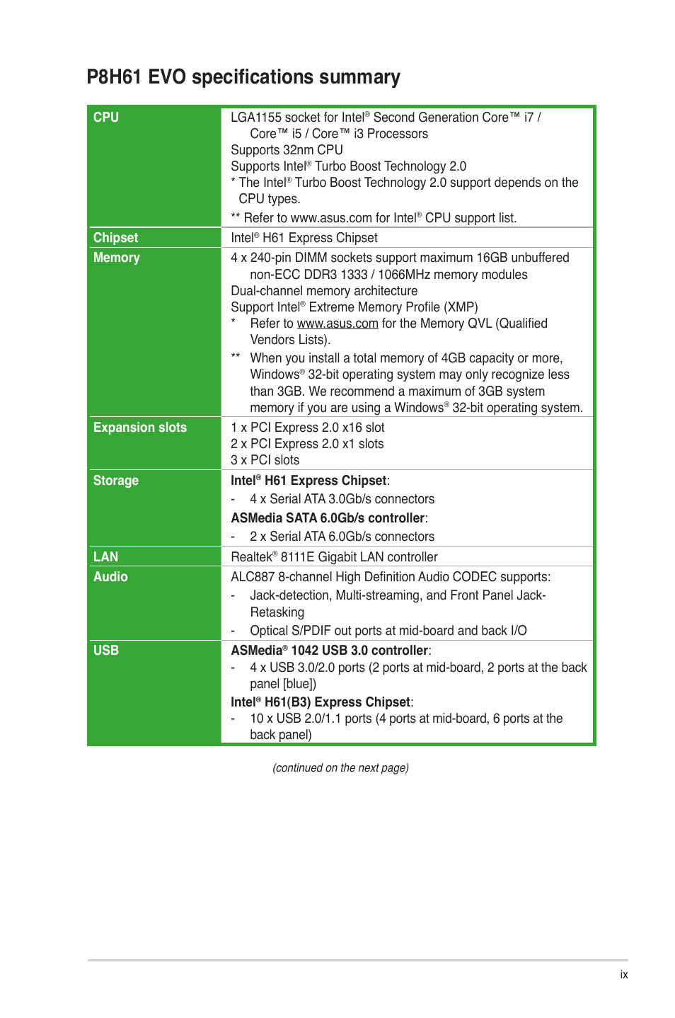 P8h61 evo specifications summary | Asus P8H61 EVO User Manual | Page 9 / 76