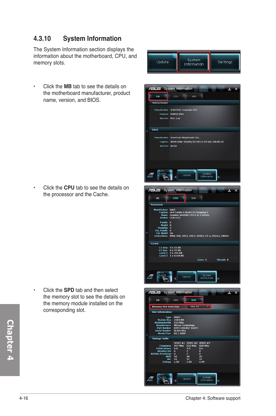 10 system information, System information -16, Chapter 4 | Asus P8P67 User Manual | Page 118 / 134