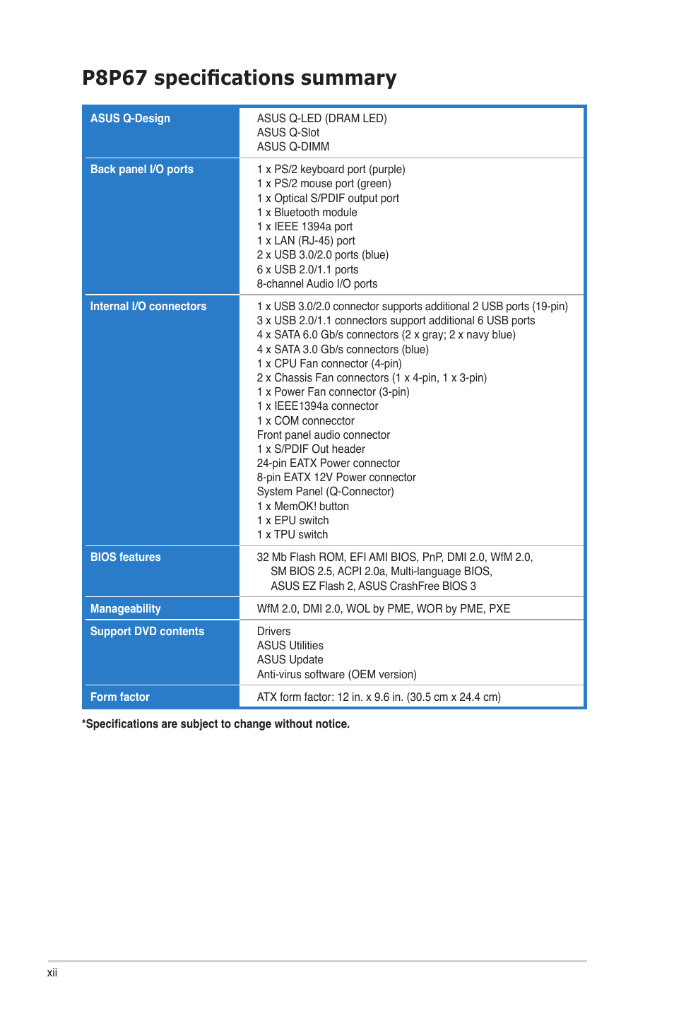 P8p67 specifications summary | Asus P8P67 User Manual | Page 12 / 134