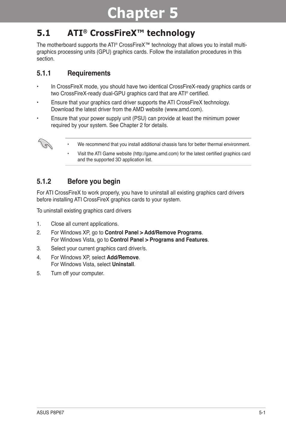 Chapter 5: ati® crossfirex™ technology support, 1 ati® crossfirex™ technology, 1 requirements | 2 before you begin, Chapter 5, Crossfirex™ technology support, Crossfirex™ technology -1, Requirements -1, Before you begin -1, 1 ati | Asus P8P67 User Manual | Page 129 / 134