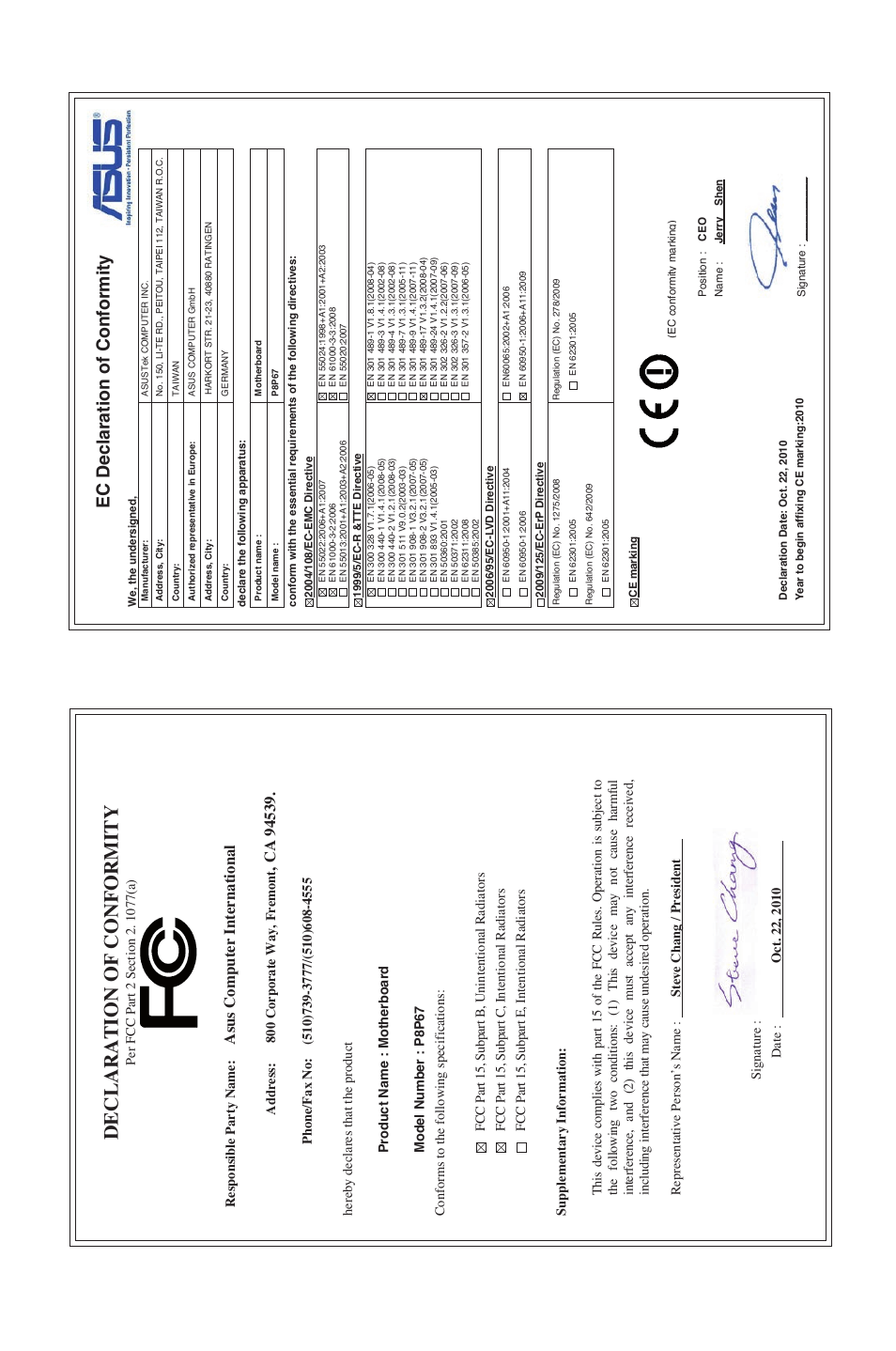 Declaration of conformity, Ec declaration of conformity, Asu s c om pu te r i nt er na tio na l | Asus P8P67 User Manual | Page 134 / 134