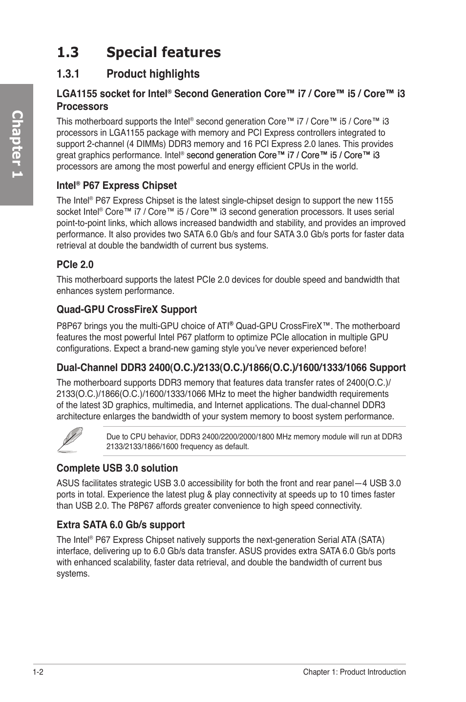 3 special features, 1 product highlights, Special features -2 1.3.1 | Product highlights -2, Chapter 1 1.3 special features | Asus P8P67 User Manual | Page 14 / 134