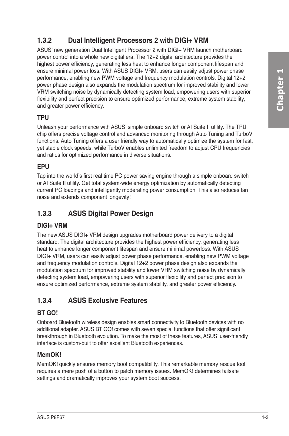 2 dual intelligent processors 2 with digi+ vrm, 3 asus digital power design, 4 asus exclusive features | Dual intelligent processors 2 with digi+ vrm -3, Asus digital power design -3, Asus exclusive features -3, Chapter 1 | Asus P8P67 User Manual | Page 15 / 134