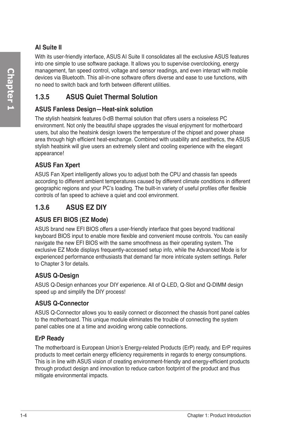 5 asus quiet thermal solution, 6 asus ez diy, Asus quiet thermal solution -4 | Asus ez diy -4, Chapter 1 | Asus P8P67 User Manual | Page 16 / 134