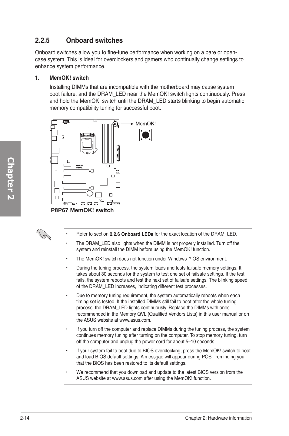 5 onboard switches, Onboard switches -14, Chapter 2 | Asus P8P67 User Manual | Page 30 / 134