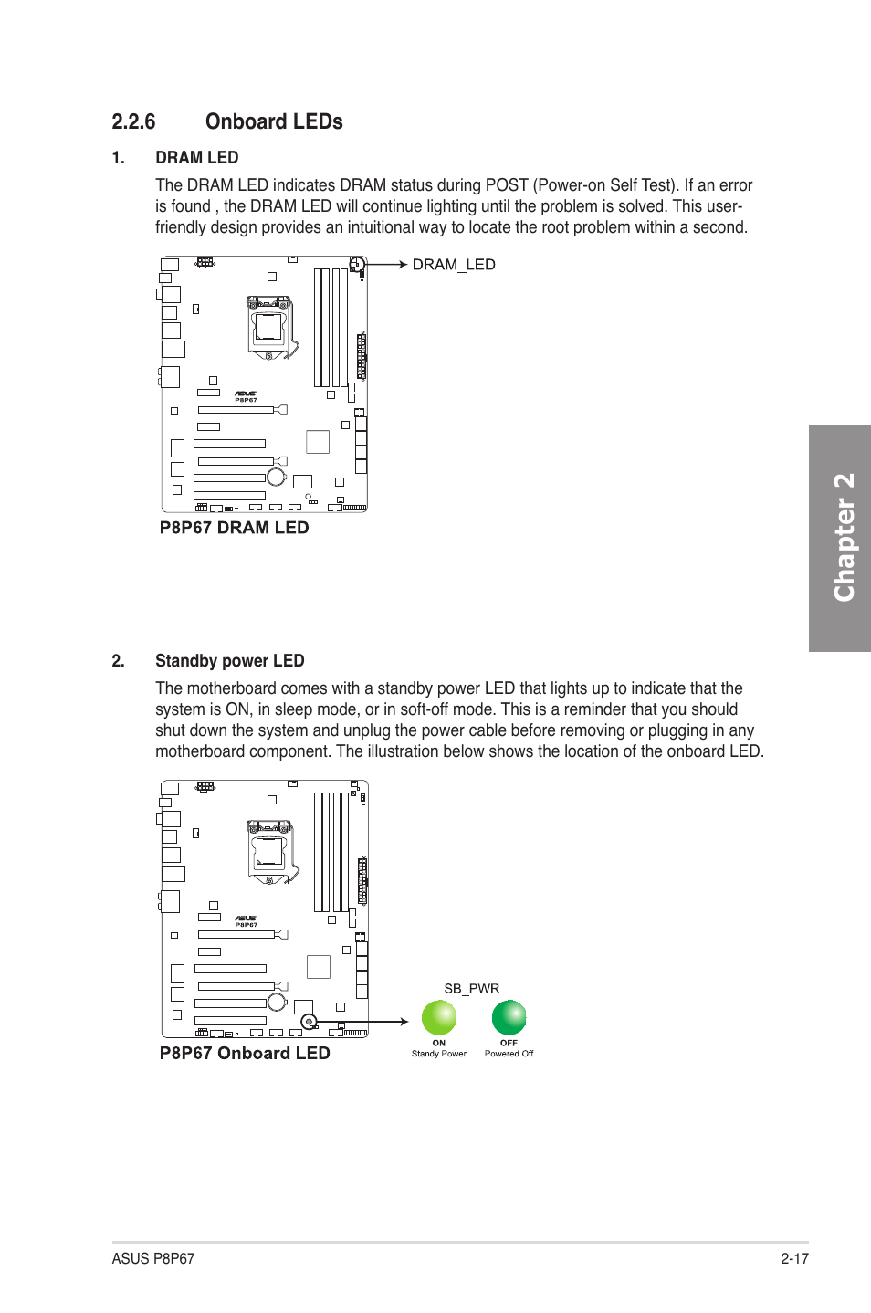 6 onboard leds, Onboard leds -17, Chapter 2 | Asus P8P67 User Manual | Page 33 / 134