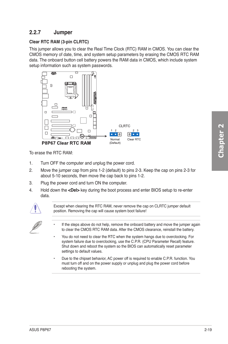 7 jumper, Jumper -19, Chapter 2 | Asus P8P67 User Manual | Page 35 / 134