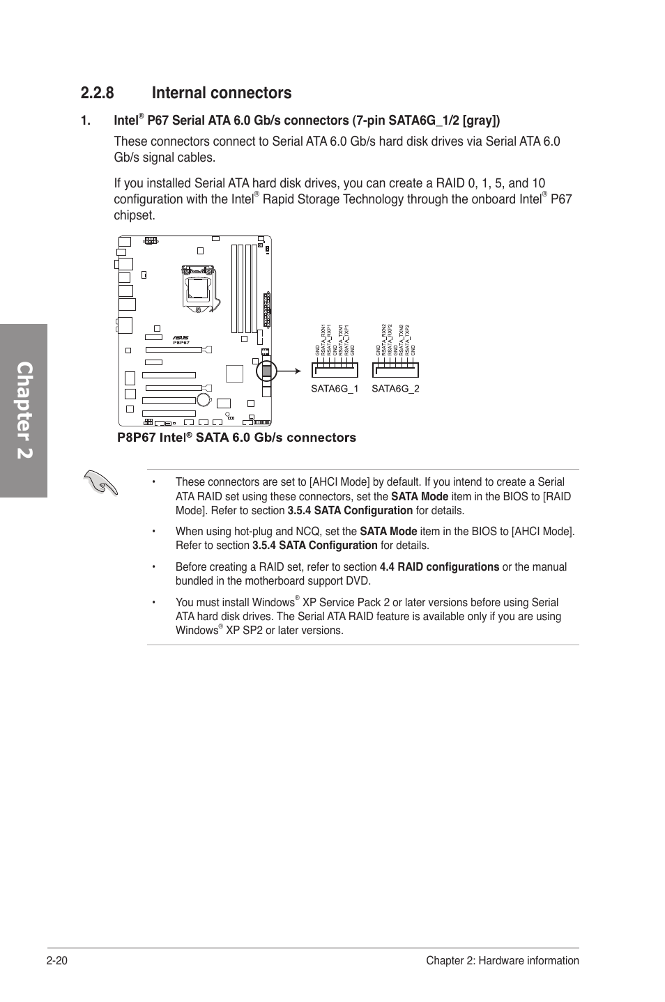 8 internal connectors, Internal connectors -20, Chapter 2 | Asus P8P67 User Manual | Page 36 / 134