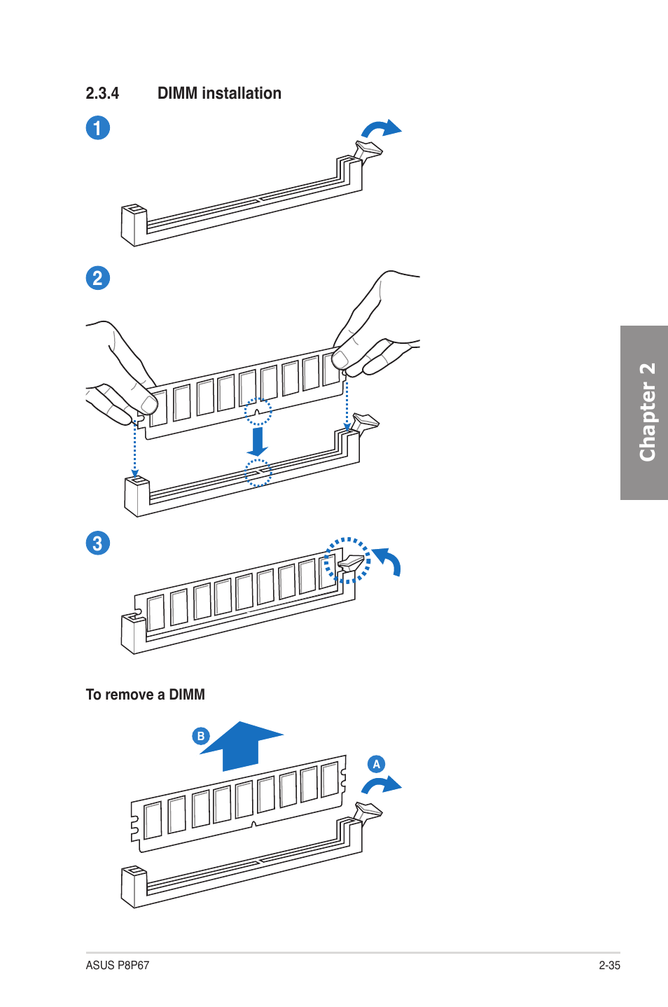 4 dimm installation, Dimm installation -35, Chapter 2 1 2 3 | Asus P8P67 User Manual | Page 51 / 134