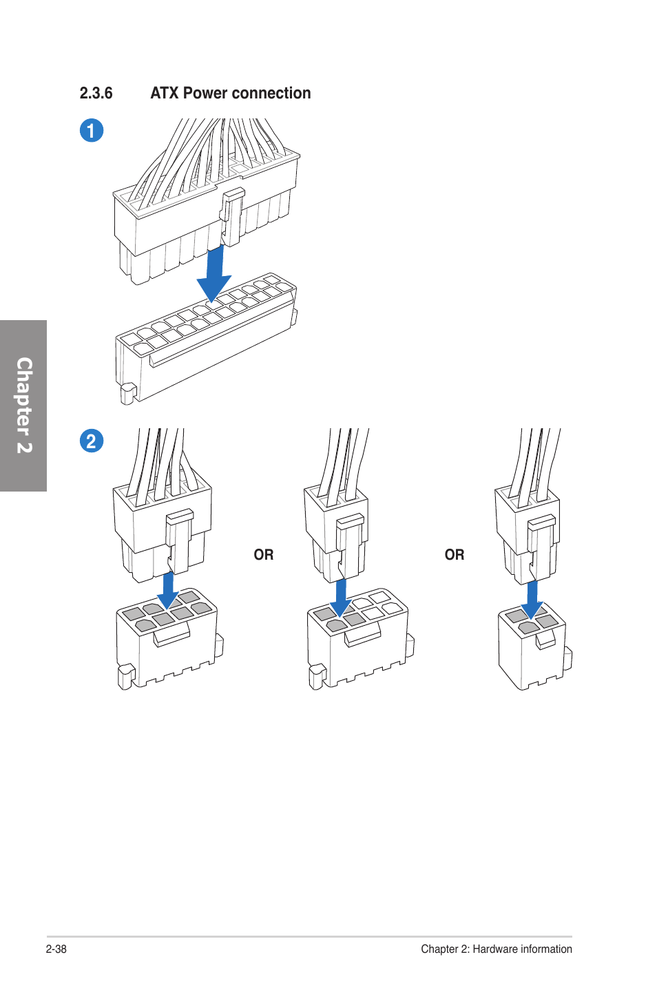 6 atx power connection, Atx power connection -38, Chapter 2 | Asus P8P67 User Manual | Page 54 / 134