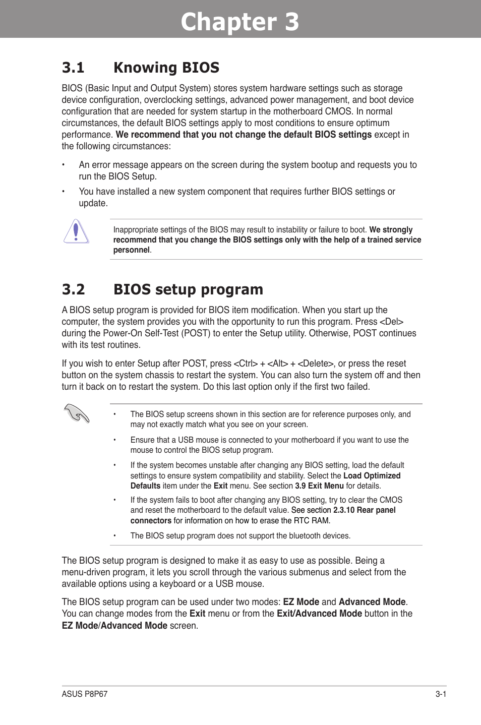 Chapter 3: bios setup, 1 knowing bios, 2 bios setup program | Chapter 3, Bios setup, Knowing bios -1, Bios setup program -1, Chapter 3 3.1 knowing bios | Asus P8P67 User Manual | Page 63 / 134