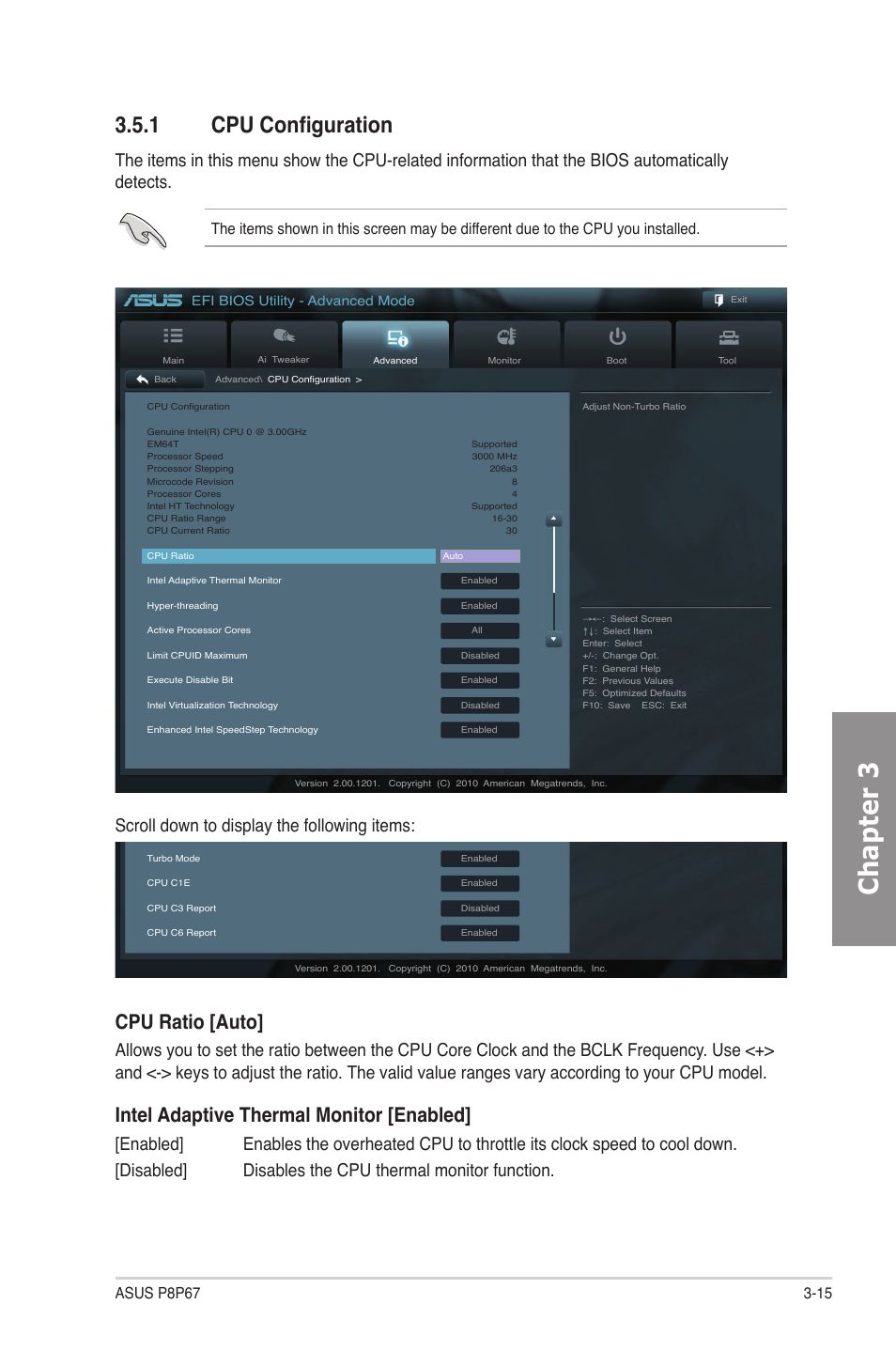 1 cpu configuration, Cpu configuration -15, Chapter 3 | Cpu ratio [auto, Intel adaptive thermal monitor [enabled, Scroll down to display the following items | Asus P8P67 User Manual | Page 77 / 134