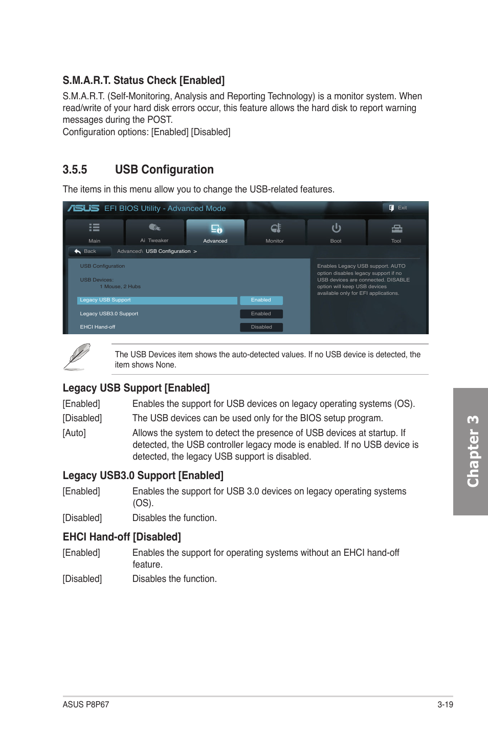 5 usb configuration, Usb configuration -19, Chapter 3 | S.m.a.r.t. status check [enabled, Legacy usb support [enabled, Legacy usb3.0 support [enabled, Ehci hand-off [disabled | Asus P8P67 User Manual | Page 81 / 134