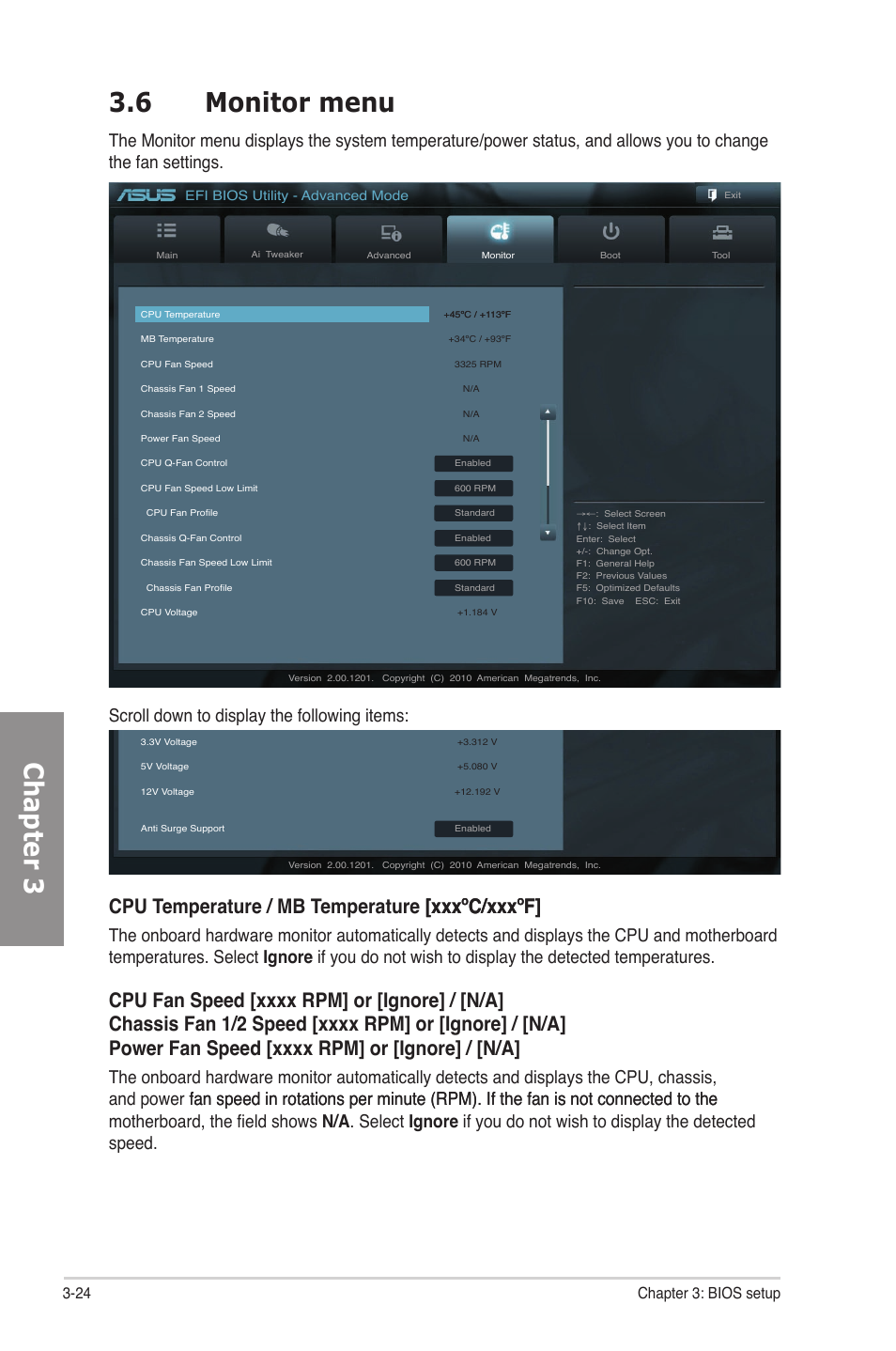 6 monitor menu, Monitor menu -24, Chapter 3 3.6 monitor menu | 24 chapter 3: bios setup | Asus P8P67 User Manual | Page 86 / 134