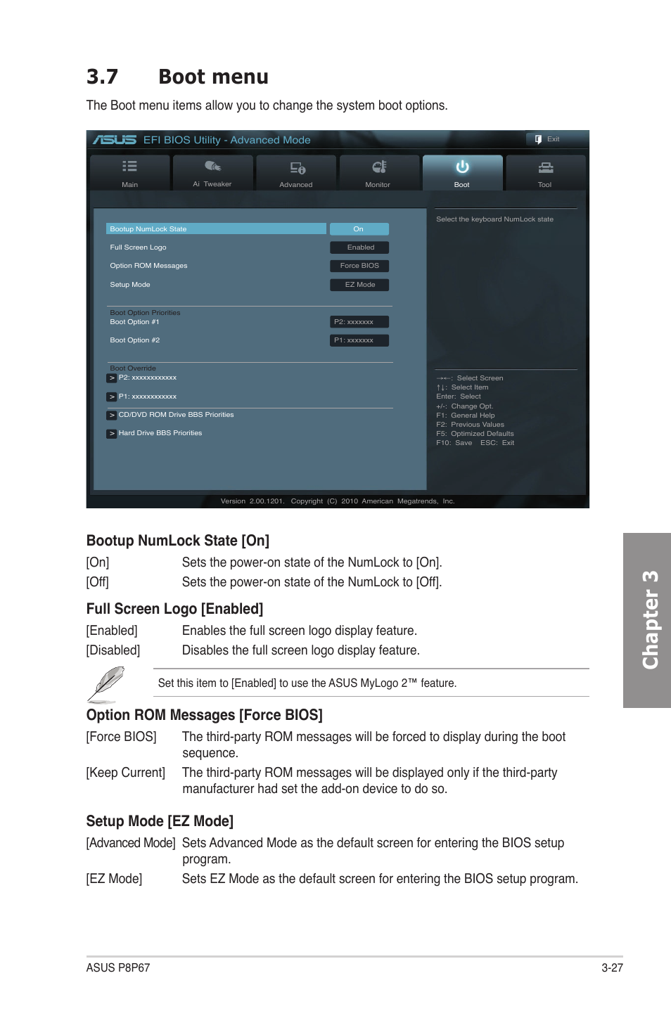 7 boot menu, Boot menu -27, Chapter 3 3.7 boot menu | Bootup numlock state [on, Full screen logo [enabled, Option rom messages [force bios, Setup mode [ez mode | Asus P8P67 User Manual | Page 89 / 134