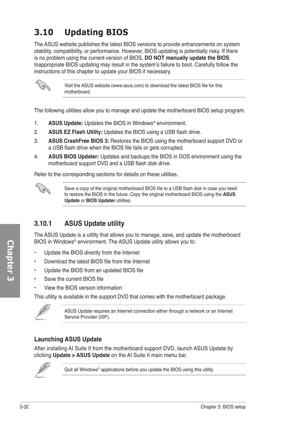 10 updating bios, 1 asus update utility, Updating bios -32 3.10.1 | Asus update utility -32, Chapter 3 3.10 updating bios | Asus P8P67 User Manual | Page 94 / 134