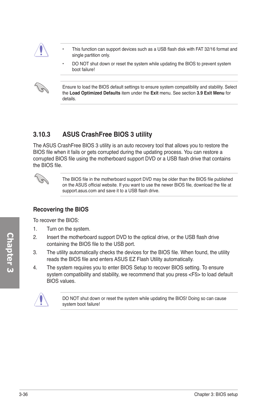 3 asus crashfree bios 3 utility, Asus crashfree bios 3 utility -36, Chapter 3 | Asus P8P67 User Manual | Page 98 / 134