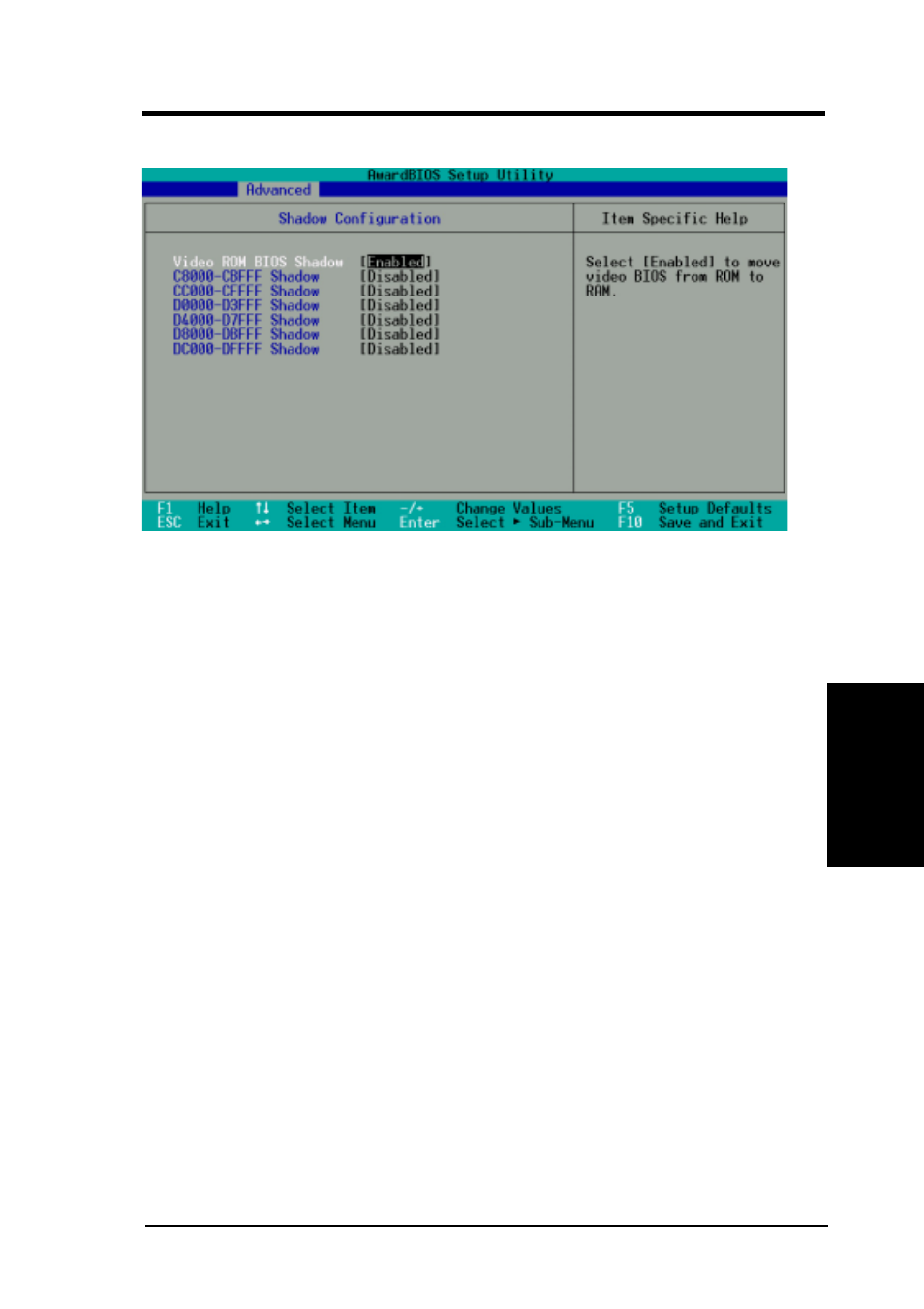 Bios setup, 4 shadow configuration | Asus P4T-EM User Manual | Page 65 / 96