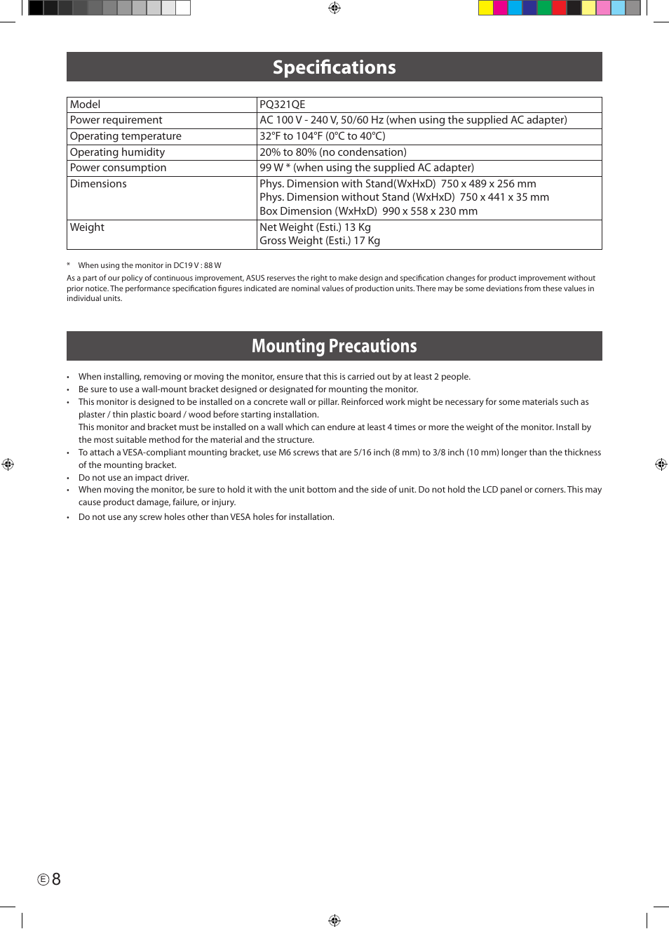 Specifications, Mounting precautions, Specifications mounting precautions | Asus PQ321QE User Manual | Page 10 / 52