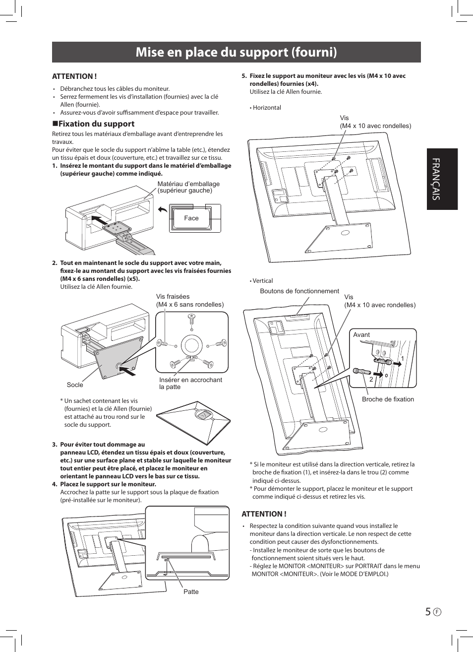 Mise en place du support (fourni), Fr anç ais, N fixation du support | Asus PQ321QE User Manual | Page 15 / 52