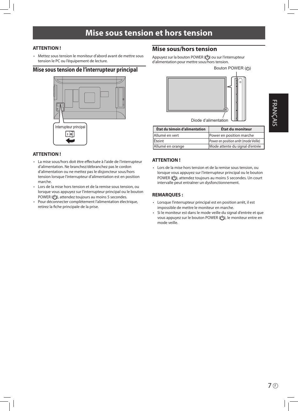Mise sous tension et hors tension, Fr anç ais, Mise sous tension de l’interrupteur principal | Mise sous/hors tension | Asus PQ321QE User Manual | Page 17 / 52