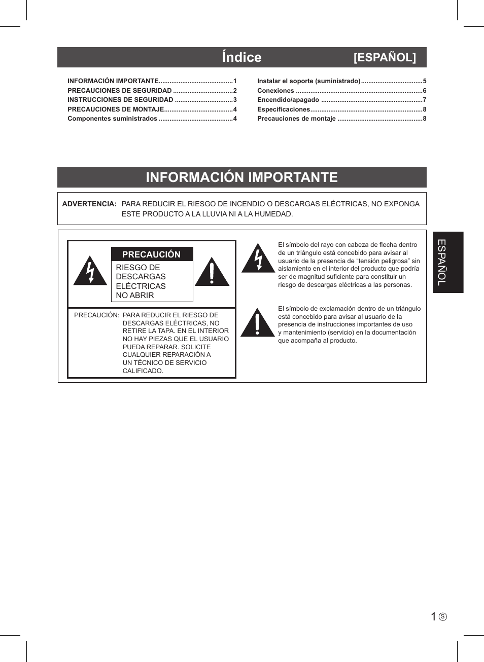 Información importante índice, Español, Esp añol | Asus PQ321QE User Manual | Page 19 / 52