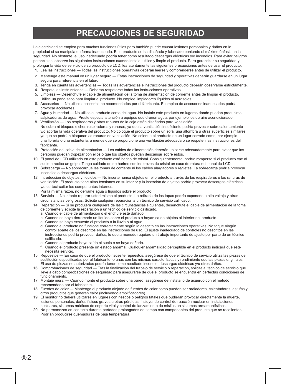 Precauciones de seguridad | Asus PQ321QE User Manual | Page 20 / 52
