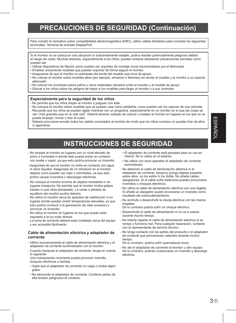 Instrucciones de seguridad, Precauciones de seguridad (continuación), Esp añol | Asus PQ321QE User Manual | Page 21 / 52