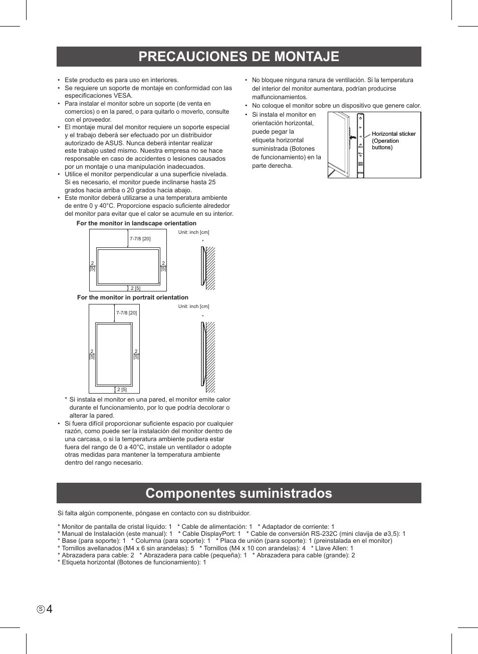 Precauciones de montaje componentes suministrados | Asus PQ321QE User Manual | Page 22 / 52