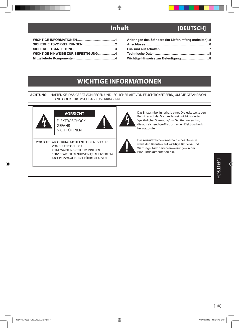 Wichtige informationen, Inhalt, Deutsch | Deut sch | Asus PQ321QE User Manual | Page 27 / 52