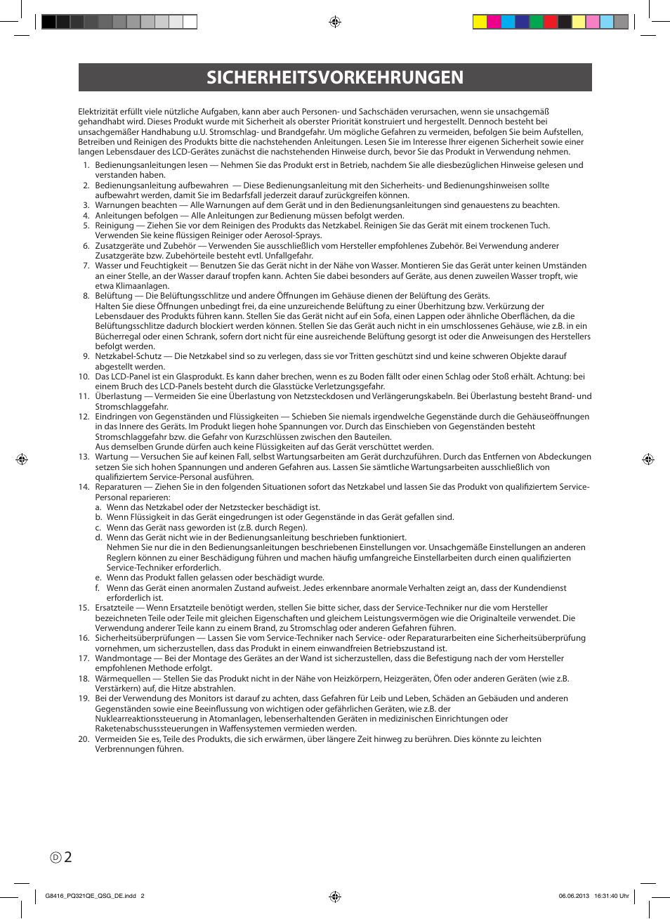 Sicherheitsvorkehrungen | Asus PQ321QE User Manual | Page 28 / 52