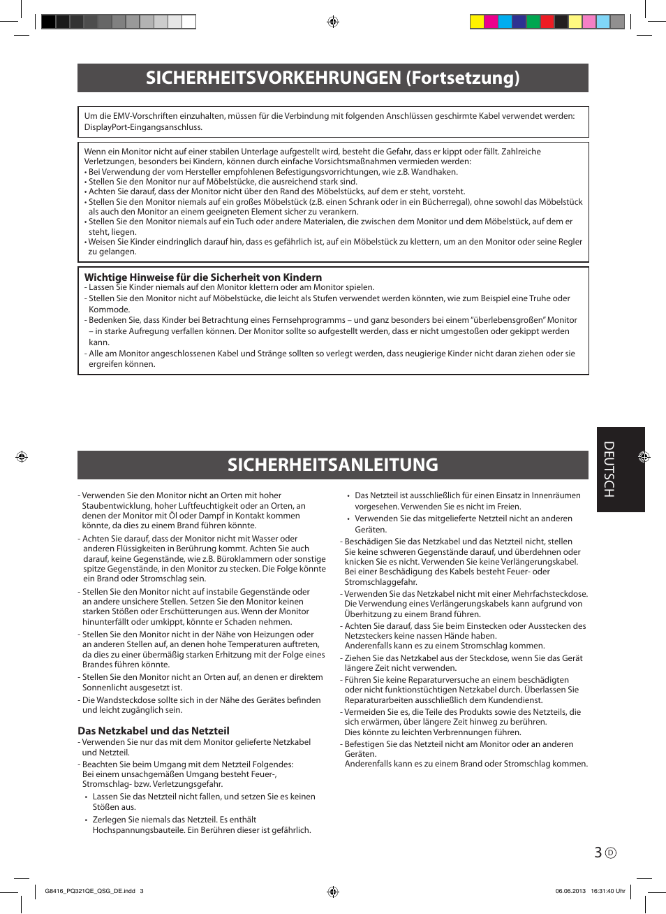 Sicherheitsanleitung, Sicherheitsvorkehrungen (fortsetzung), Deut sch | Asus PQ321QE User Manual | Page 29 / 52