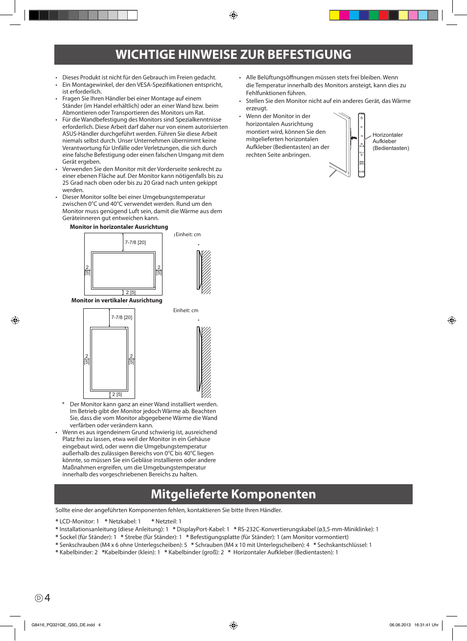 Wichtige hinweise zur befestigung, Mitgelieferte komponenten | Asus PQ321QE User Manual | Page 30 / 52