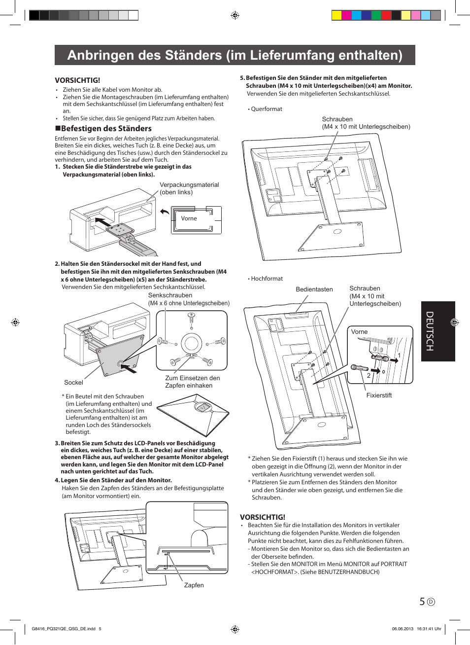 Anbringen des ständers (im lieferumfang enthalten), Deut sch, N befestigen des ständers | Asus PQ321QE User Manual | Page 31 / 52