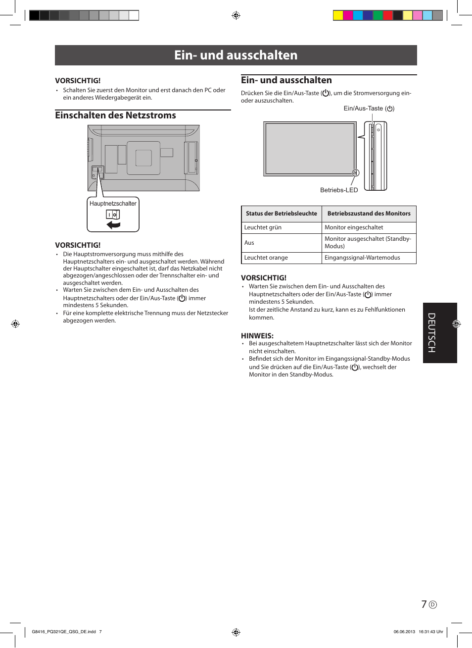 Ein- und ausschalten, Deut sch, Einschalten des netzstroms | Asus PQ321QE User Manual | Page 33 / 52