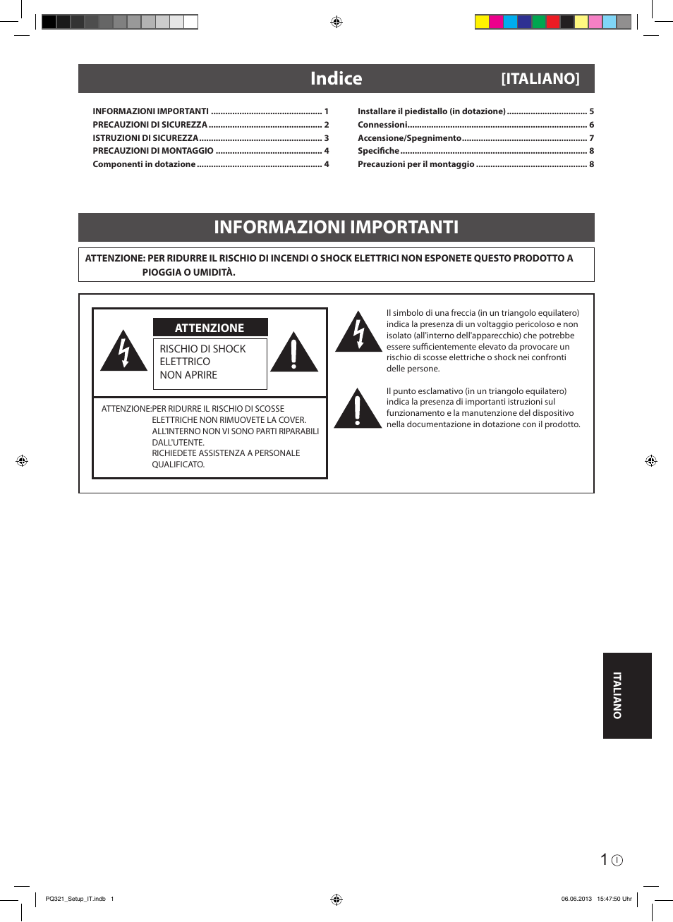 Informazioni importanti indice, Italiano | Asus PQ321QE User Manual | Page 43 / 52