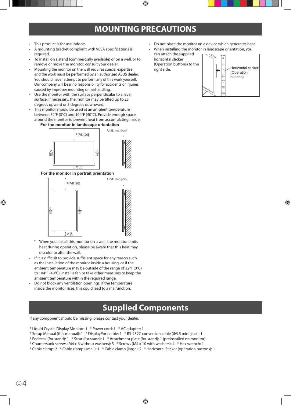 Mounting precautions, Supplied components, Mounting precautions supplied components | Asus PQ321QE User Manual | Page 6 / 52