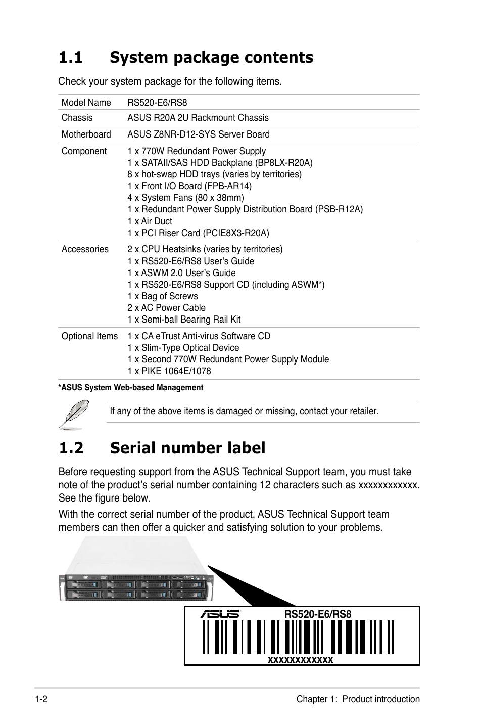 1 system package contents, 2 serial number label, System package contents -2 | Serial number label -2 | Asus RS520-E6/RS8 User Manual | Page 12 / 146