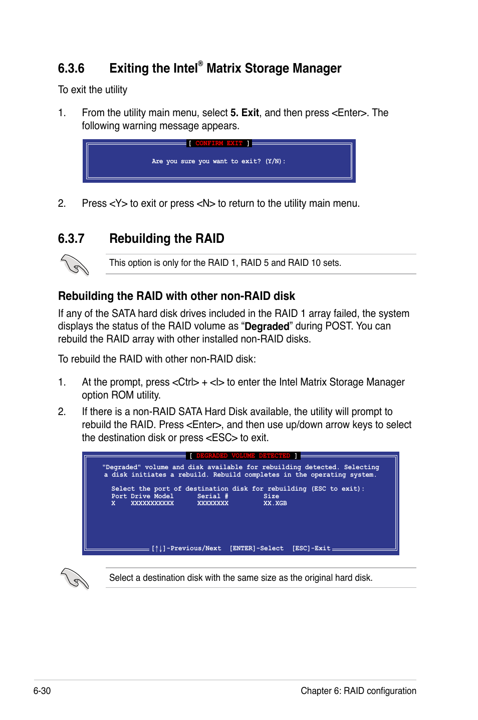 6 exiting the intel® matrix storage manager, 7 rebuilding the raid, Exiting the intel | Matrix storage manager -30, Rebuilding the raid -30, 6 exiting the intel, Matrix storage manager, Rebuilding the raid with other non-raid disk | Asus RS520-E6/RS8 User Manual | Page 124 / 146