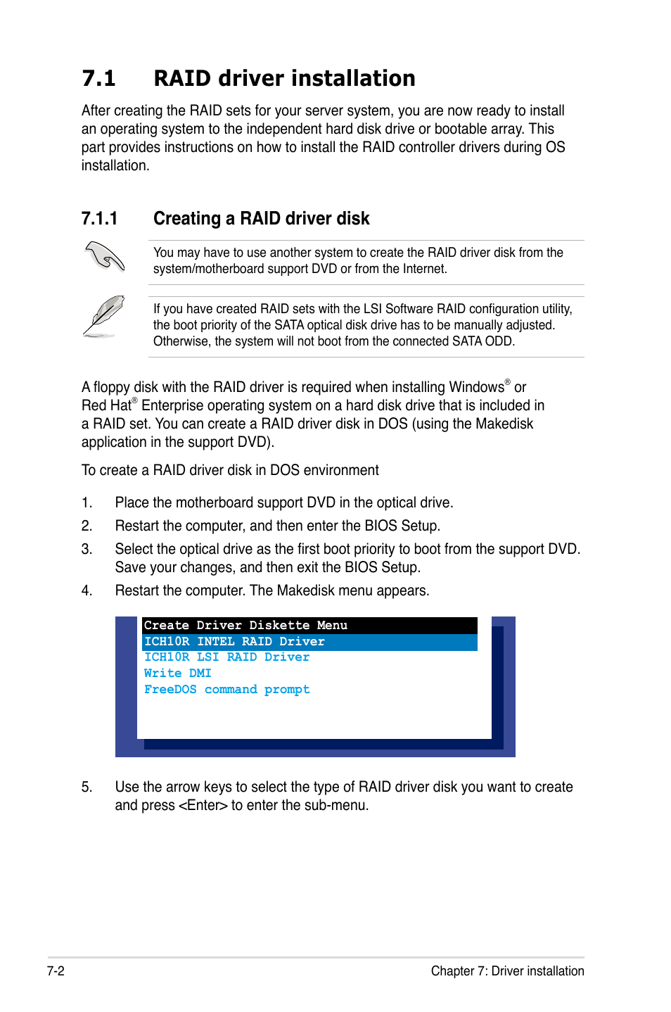 1 raid driver installation, 1 creating a raid driver disk, Raid driver installation -2 7.1.1 | Creating a raid driver disk -2 | Asus RS520-E6/RS8 User Manual | Page 128 / 146