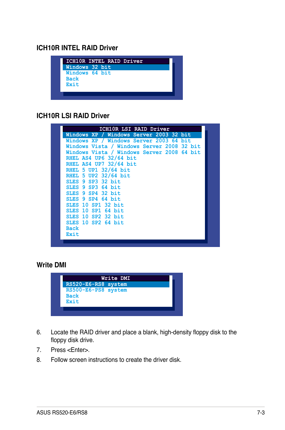 Ich10r intel raid driver, Ich10r lsi raid driver, Write dmi | Asus RS520-E6/RS8 User Manual | Page 129 / 146